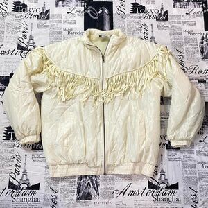 Bolo Spirit Womens Cream white tassel puffer jacket vintage 80s 90s cropped silk